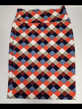 LuLaRoe Multicolor Diamond-Check Pencil Skirt - Red, Navy, Blue, Cream, Tan